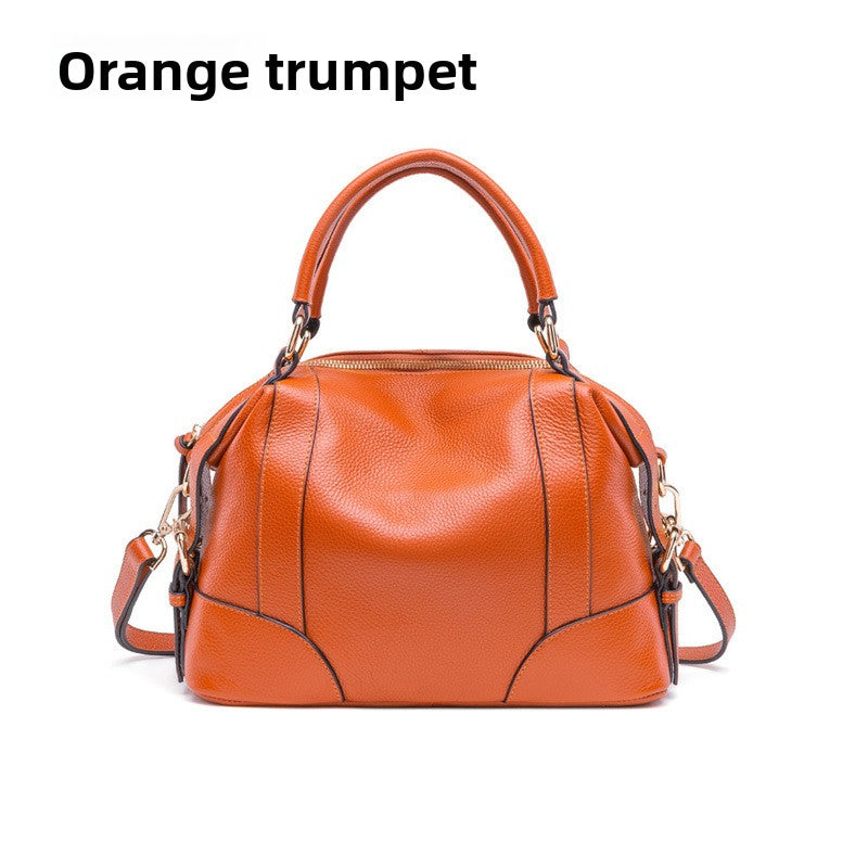 Small Brown Leather Satchel Bag - Cognac Bowling Bag with Dual Handles | Convertible Dome Handbag with Crossbody Strap