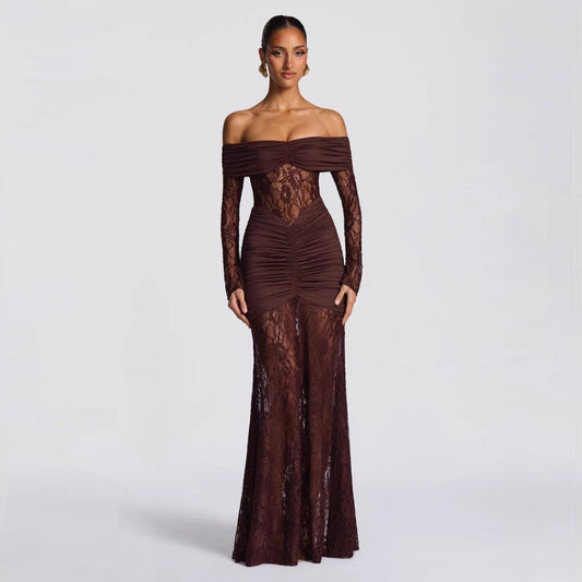 Black Off Shoulder Lace Maxi Dress - Long Sleeve Ruched Bodycon Mermaid Gown | Formal Evening & Wedding Guest Dress