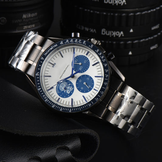 Men's Speedmaster Style Chronograph Watch | White Dial Blue Sub-Dials Tachymetre Bezel | Stainless Steel Bracelet Anniversary Edition