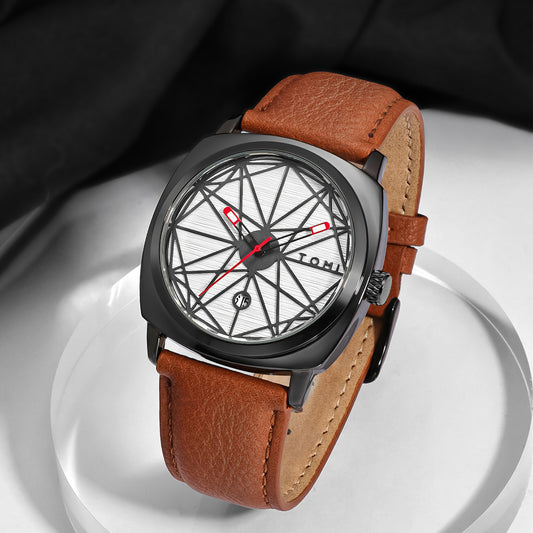 TOMI All Black Geometric Dial Men's Watch | Red Accent Hands Cushion Case Black Leather Strap Date Watch