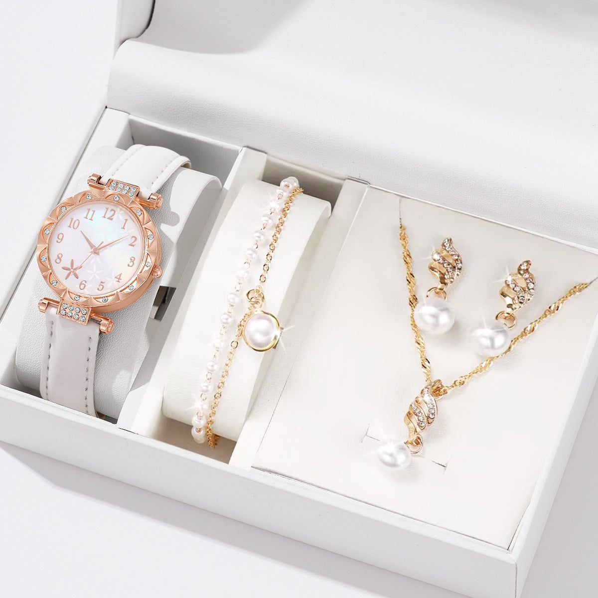Women's Rose Gold Diamond Watch & Pearl Jewellery Gift Set | 6 Piece White Leather Strap Watch Necklace Earring Bracelet Ring Set