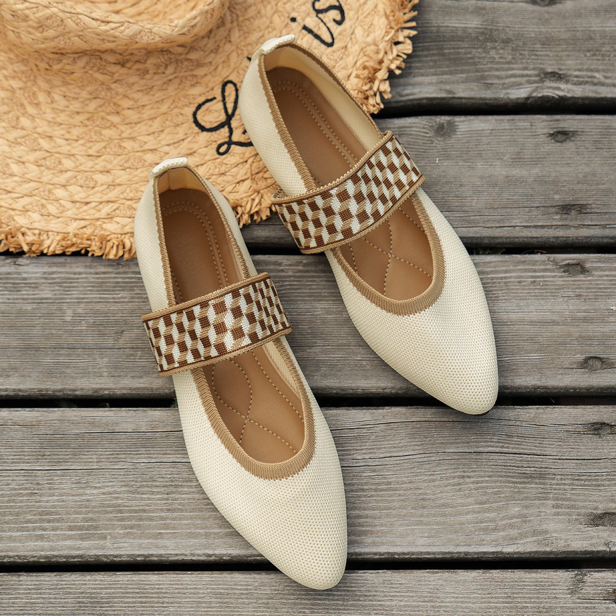 Black Knit Pointed Toe Flats Women Geometric Stripe Strap Slip-On Breathable Ballet Shoes Casual Daily