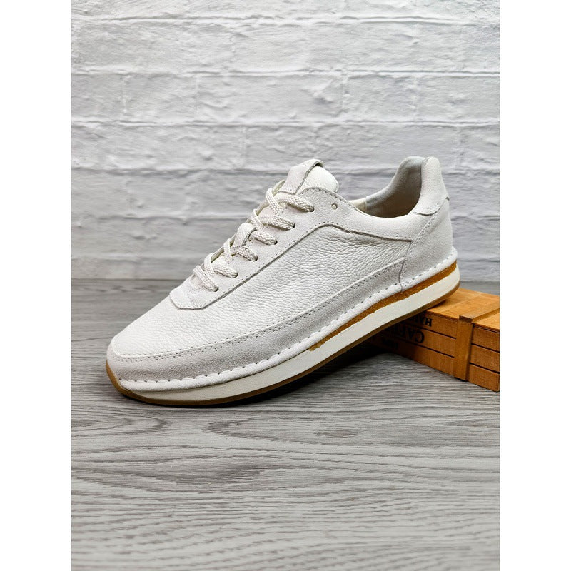 Men's White Genuine Leather Sneakers | Casual Lace-Up Low Top Shoes with Gum Rubber Sole for Everyday Comfort & Style
