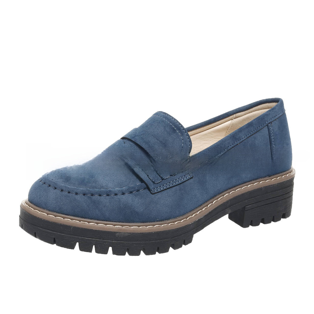Black Suede Lug Sole Penny Loafers for Women | Chunky Platform Slip-On Loafers | Tan Welt Stitch Detail Loafers | Casual Smart Street Style Shoes