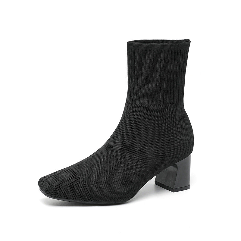 Black Ribbed Knit Sock Block Heel Ankle Boots | Women's Stretch Pointed Toe Silver Accent Heel Booties