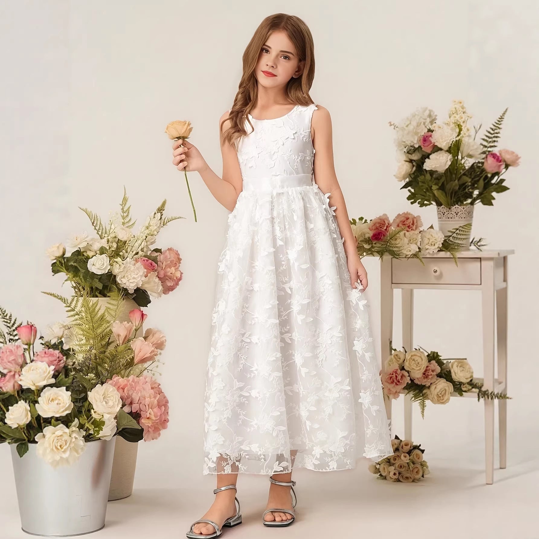 Girls White Floral Lace Maxi Dress Sleeveless Flower Girl Wedding Dress First Communion Princess Party Gown