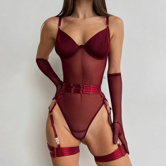 Burgundy Sheer Mesh Lingerie Set | Underwire Teddy Garter Belt Thigh Bands & Gloves | 4-Piece Red Wine Bodysuit
