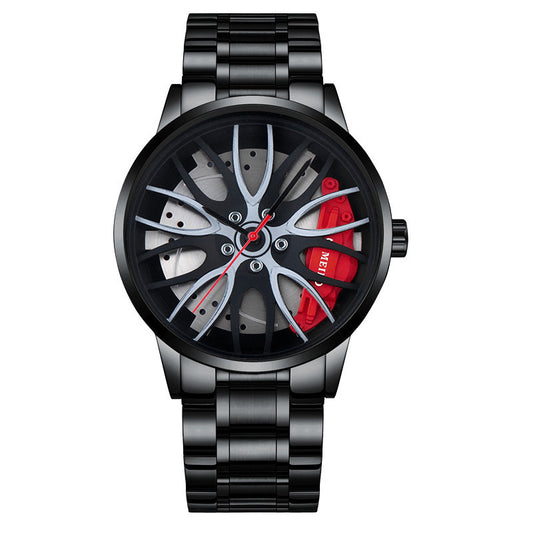 Car Wheel Rim Watch Men | 3D Spinning Rim Dial | Black Leather & Steel Strap Options | Racing Sport Watch | Car Enthusiast Gift