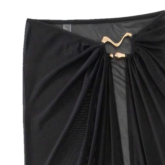 Sheer Mesh Ruched Ring Detail Maxi Skirt Cover Up | High Slit Wrap Sarong | Sexy Transparent Beach Swimwear Coverup Women White Black
