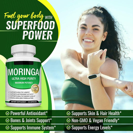 Moringa 1200mg Kapseln | Ultrahohe Reinheit Maximale Wirksamkeit | Vegan GVO-frei Gelenk- & Energieunterstützung | 90 Kapseln