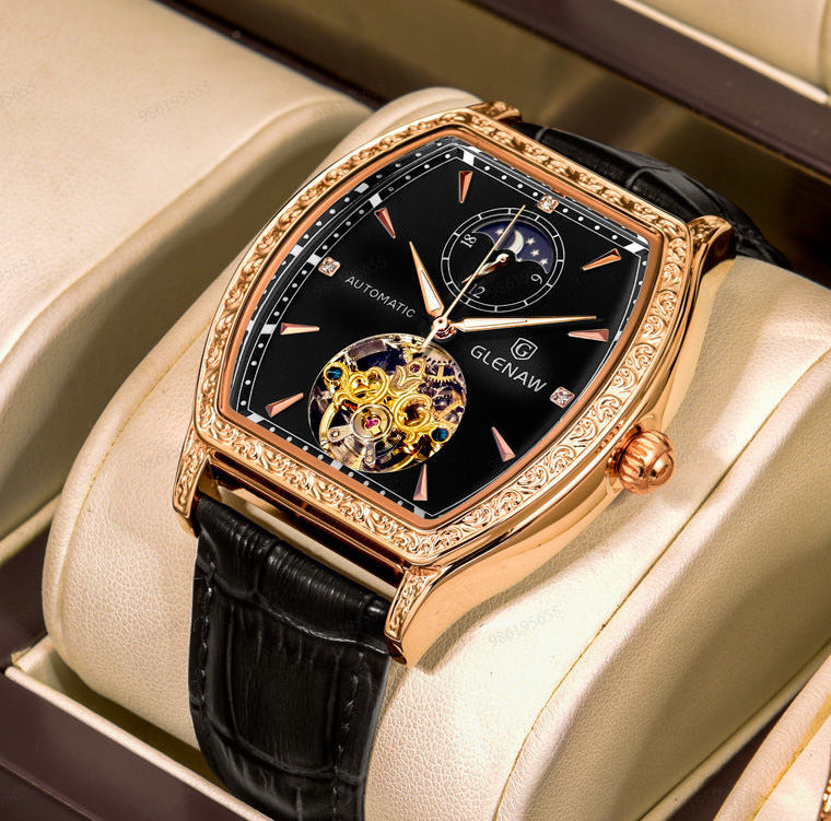Glenaw Automatic Tourbillon Watch | Green Gradient Dial Rose Gold Diamond Bezel | Tonneau Case Leather Strap Men's Watch