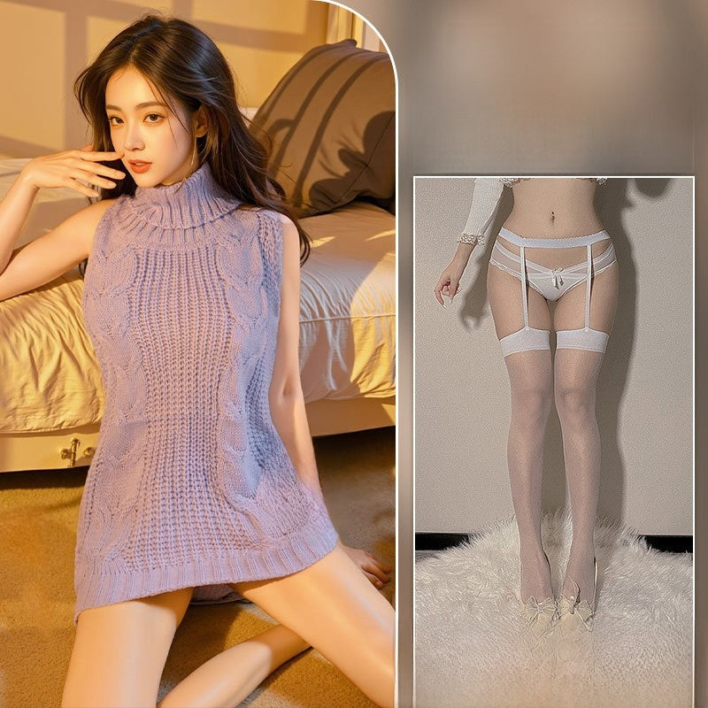 Weißes Zopfstrick-Neckholderkleid & Strumpfhalter-Set | 2-teilige Loungewear | Sexy Mini-Strickkleid mit Rollkragen