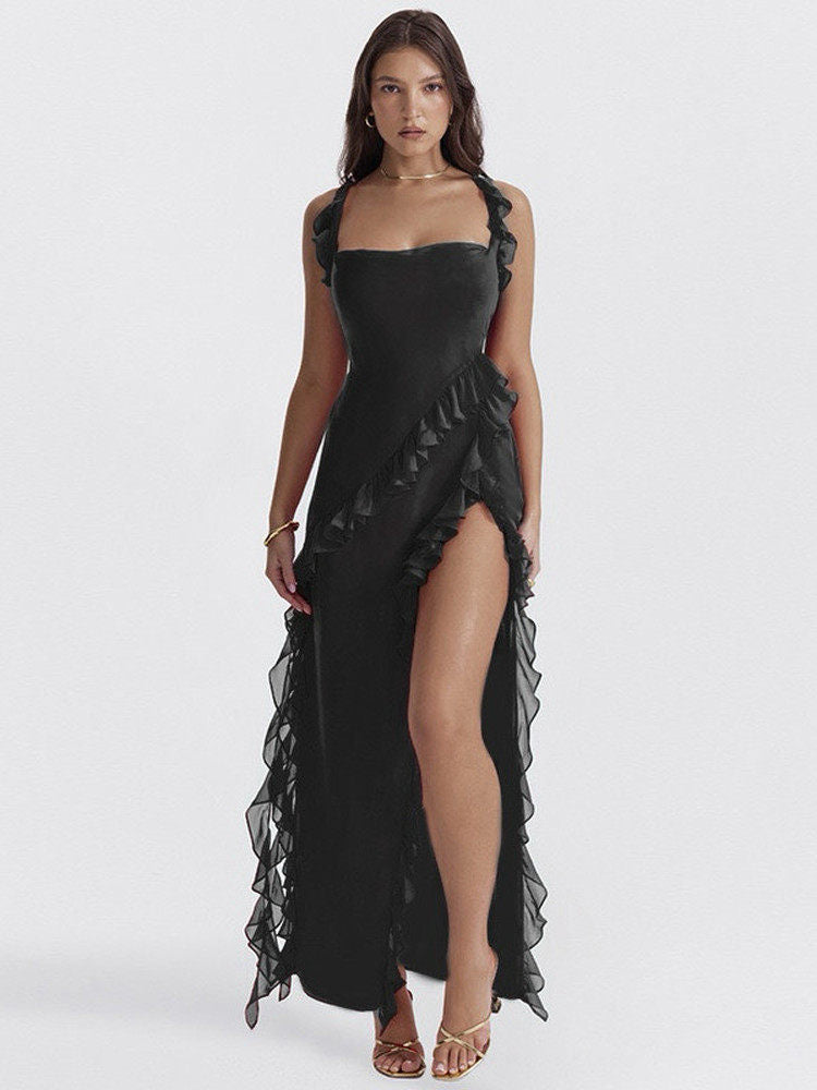 Women's Red Ruffle Asymmetric Maxi Dress | Spaghetti Strap High Slit Flowy Party Dress