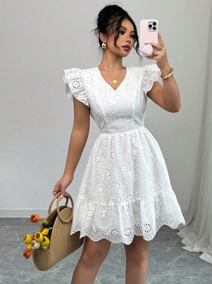 Women's White Eyelet Embroidery Mini Dress Open Back Bow Ruffle Sleeve V-Neck Boho Summer Party Dress