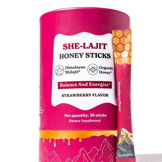 She-Lajit Honigsticks, 30 Stück | Himalaya-Shilajit & Bio-Honig | Erdbeergeschmack | Nahrungsergänzungsmittel für Frauen (für Balance & Energie)