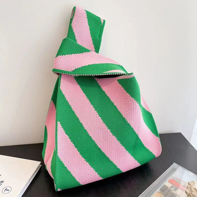 Black & White Geometric Knit Tote Bag | Aztec Pattern Wrist Handle Handbag | Boho Crochet Style Women's Bag