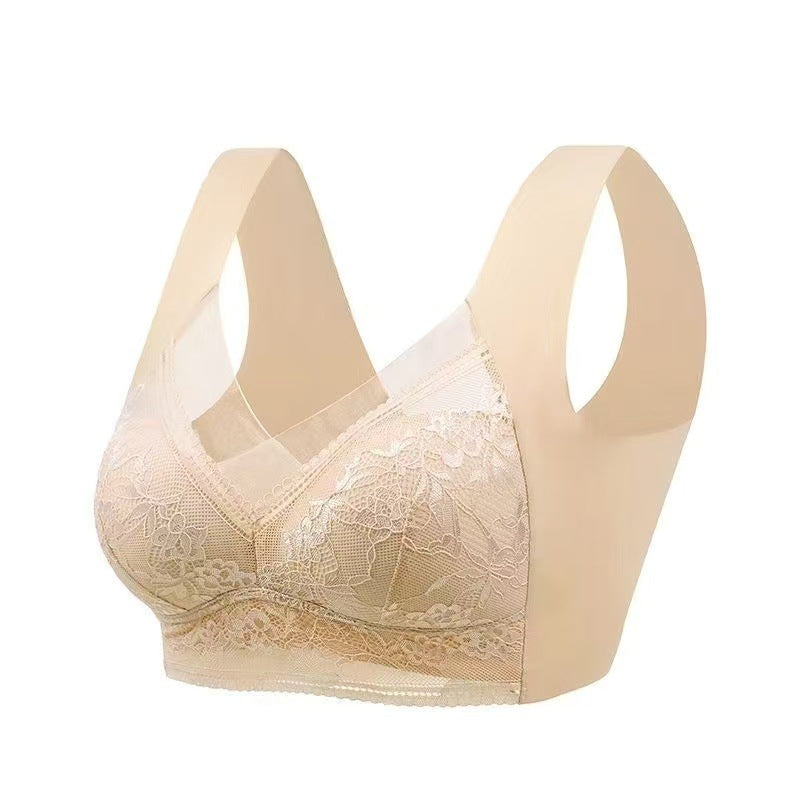 Women's Blue Lace Wireless Bralette with Wide Straps, Floral Lace Cups and V Neckline for Everyday Comfort