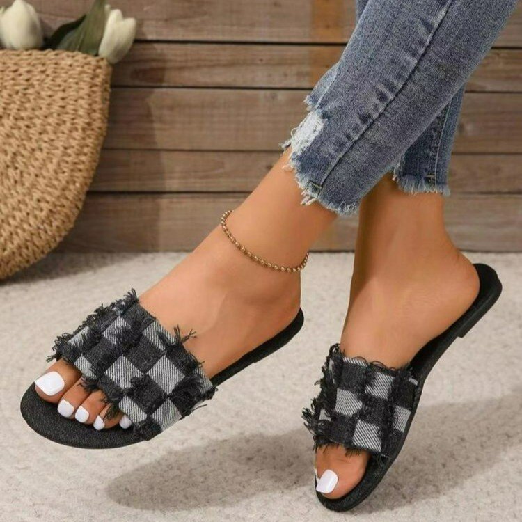 Women's Black Checkered Frayed Denim Flat Slides ? Casual Open Toe Slip-On Summer Sandals