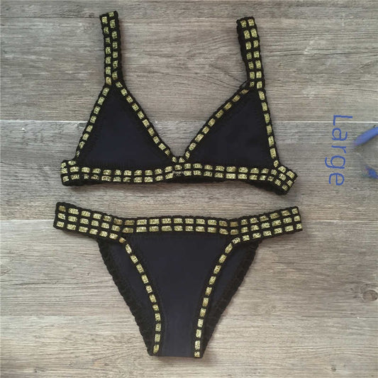 Black Gold Crochet Trim Bikini Set | Triangle Top & Low Rise Bottoms | Luxury Metallic Knit Edge Two Piece Swimsuit Women