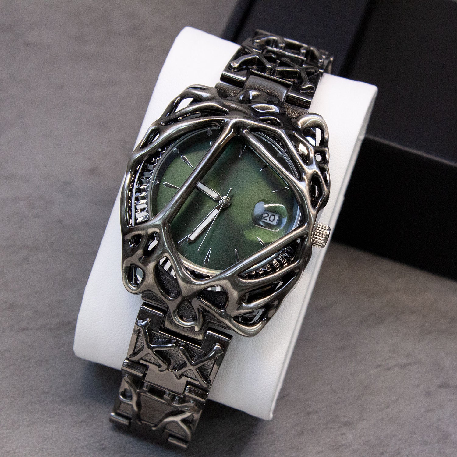 Avant-Garde Black Sculpted Web Watch for Men | Red Gradient Dial Dark Art Luxury Quartz Timepiece