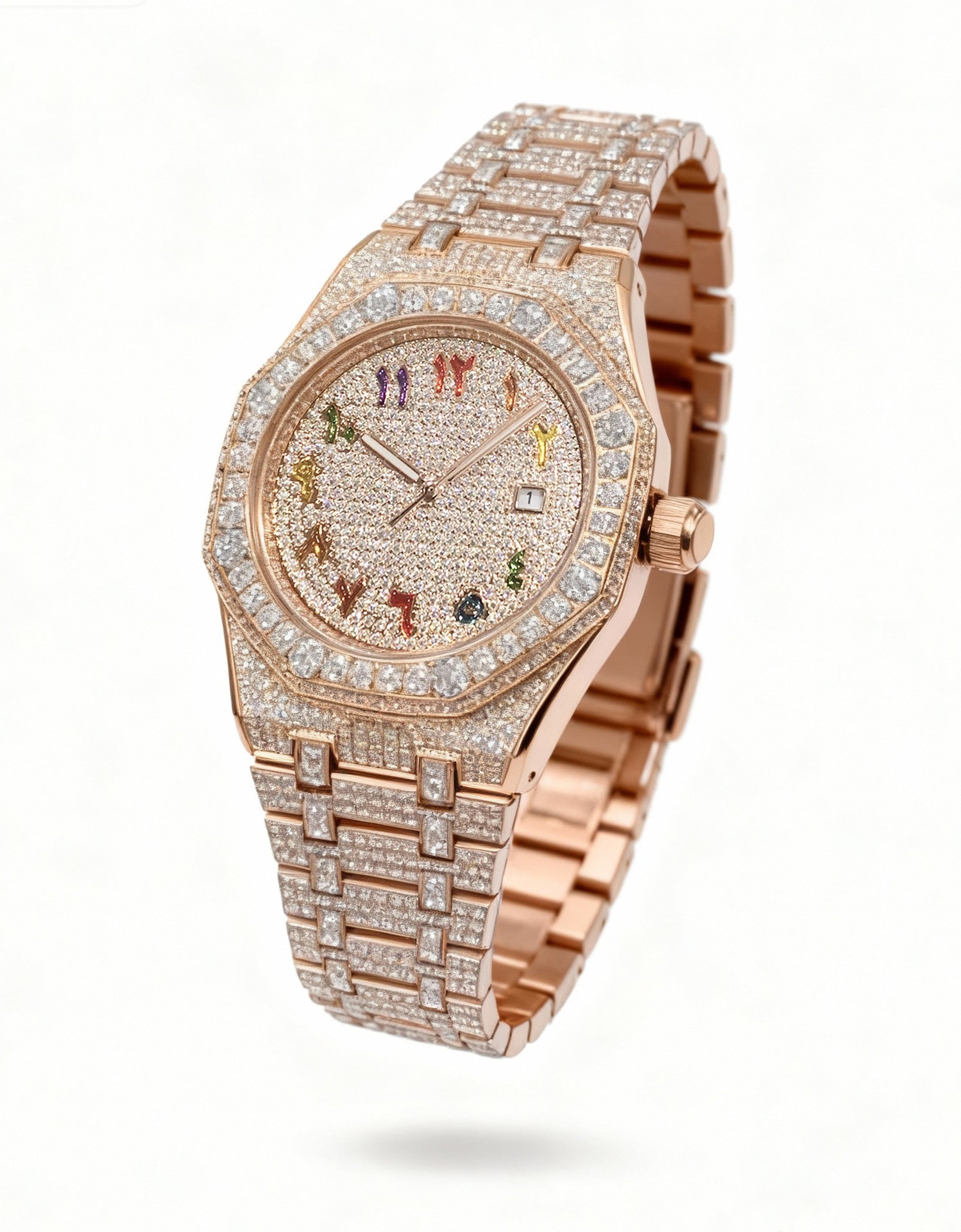 Iced Out Full Diamond Watch | Arabic Numeral Rose Gold Octagonal Bezel | Luxury Hip Hop Baguette & Paved Crystal Men's Watch