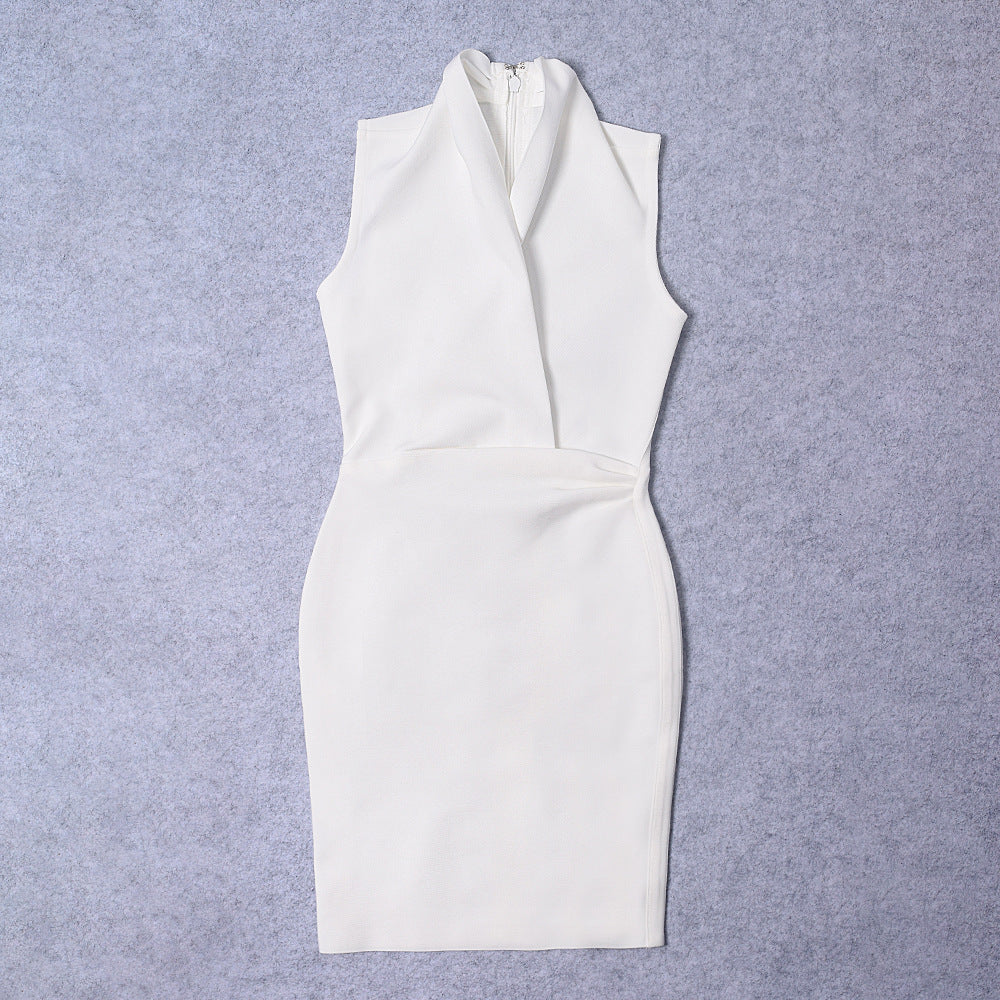 White Wrap V Neck Sleeveless Bodycon Mini Dress | Women's Ruched Waist Fitted Party Cocktail Dress