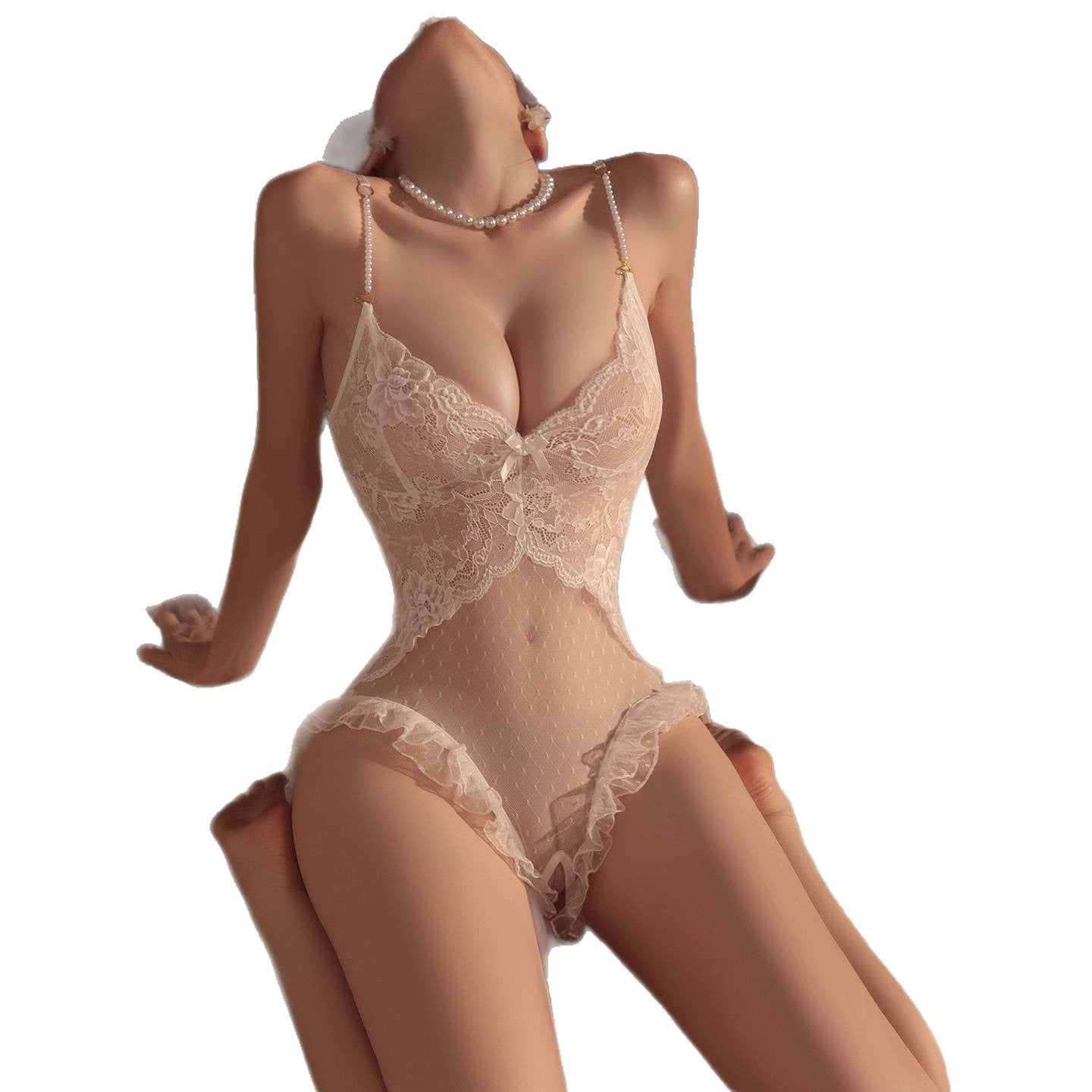 Women's White Sheer Lace Teddy Bodysuit Lingerie Sexy See-Through Ruffle Hem Spaghetti Strap One Piece Intimate Wear
