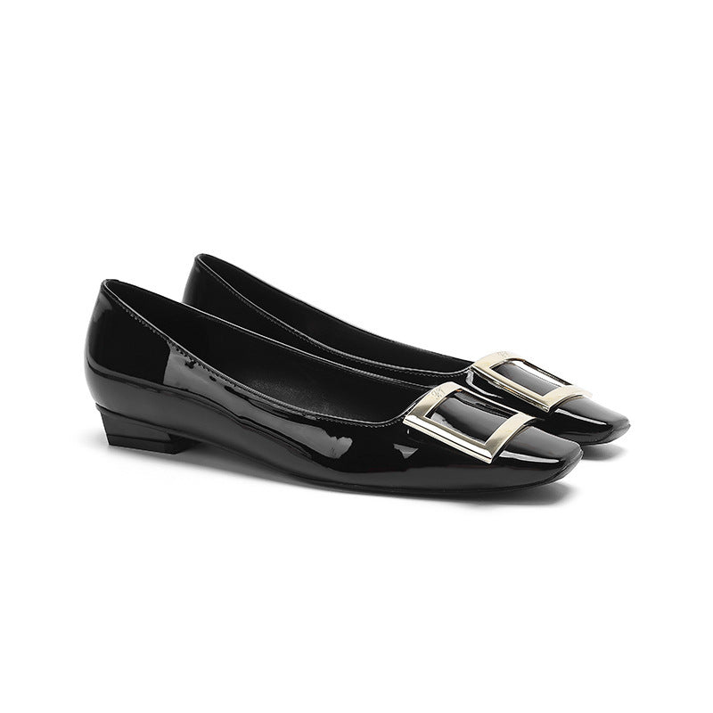 Nude Beige Patent Leather Square Toe Ballet Flats with Oversized Gold Square Buckle | Elegant Everyday Luxury Shoes for Women
