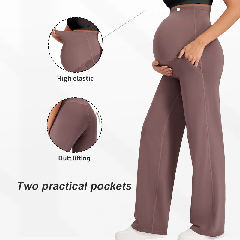 High Waist Maternity Wide Leg Pants with Pockets | Butt Lifting High Elastic Over Bump Pregnancy Trousers | Flowy Casual Lounge Pants | All Trimesters | Brown