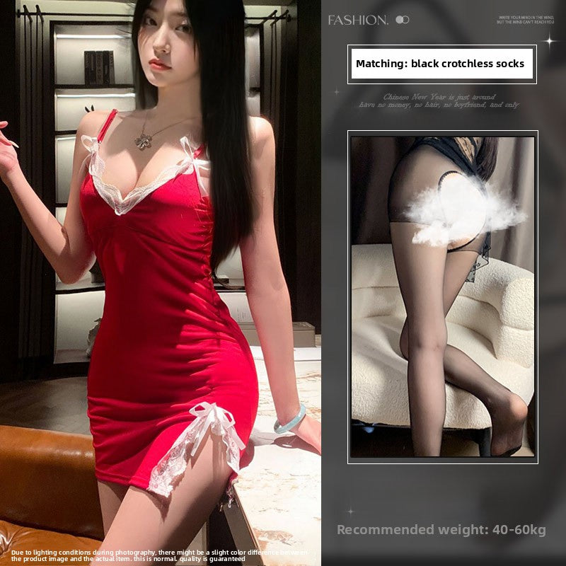 Women's Red Satin White Lace Trim Mini Nightgown Sexy Open Bust Side Bow Ribbon Sleepwear Chemise Lingerie Dress