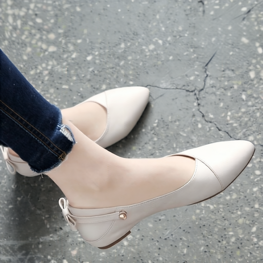 Cream Leather Pointed Toe Back Bow Slingback Ballet Flats | Elegant Gold Stud Slip-On Flat Shoes for Women