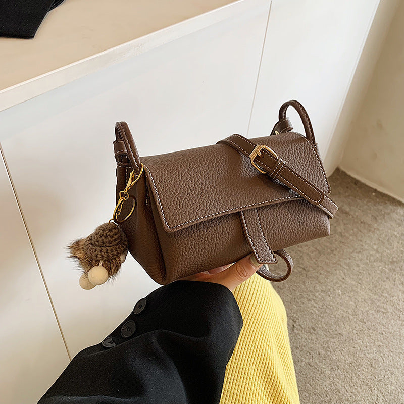 Taupe Brown Leather Crossbody Bag - Structured Flap Bag with Braided Strap & Hedgehog Charm | Small Shoulder Bag