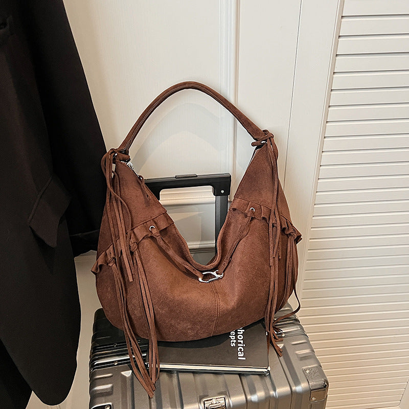 Brown Suede Fringe Hobo Bag - Bohemian Slouchy Shoulder Bag with Tassel Details | Western Style Hobo with Silver Hardware