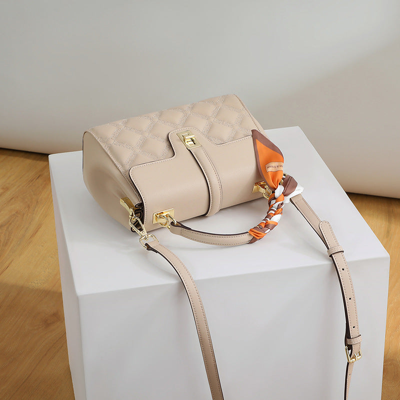 Beige Quilted Leather Satchel Bag - Diamond Stitched Crossbody Handbag with Scarf | Women's Structured Top Handle Bag with Gold Hardware