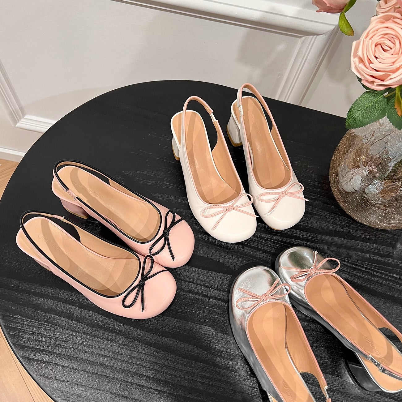 Women's Silver Metallic Slingback Block Heel Shoes | Pink Bow Detail | Ballet Inspired Mid Heel for Women