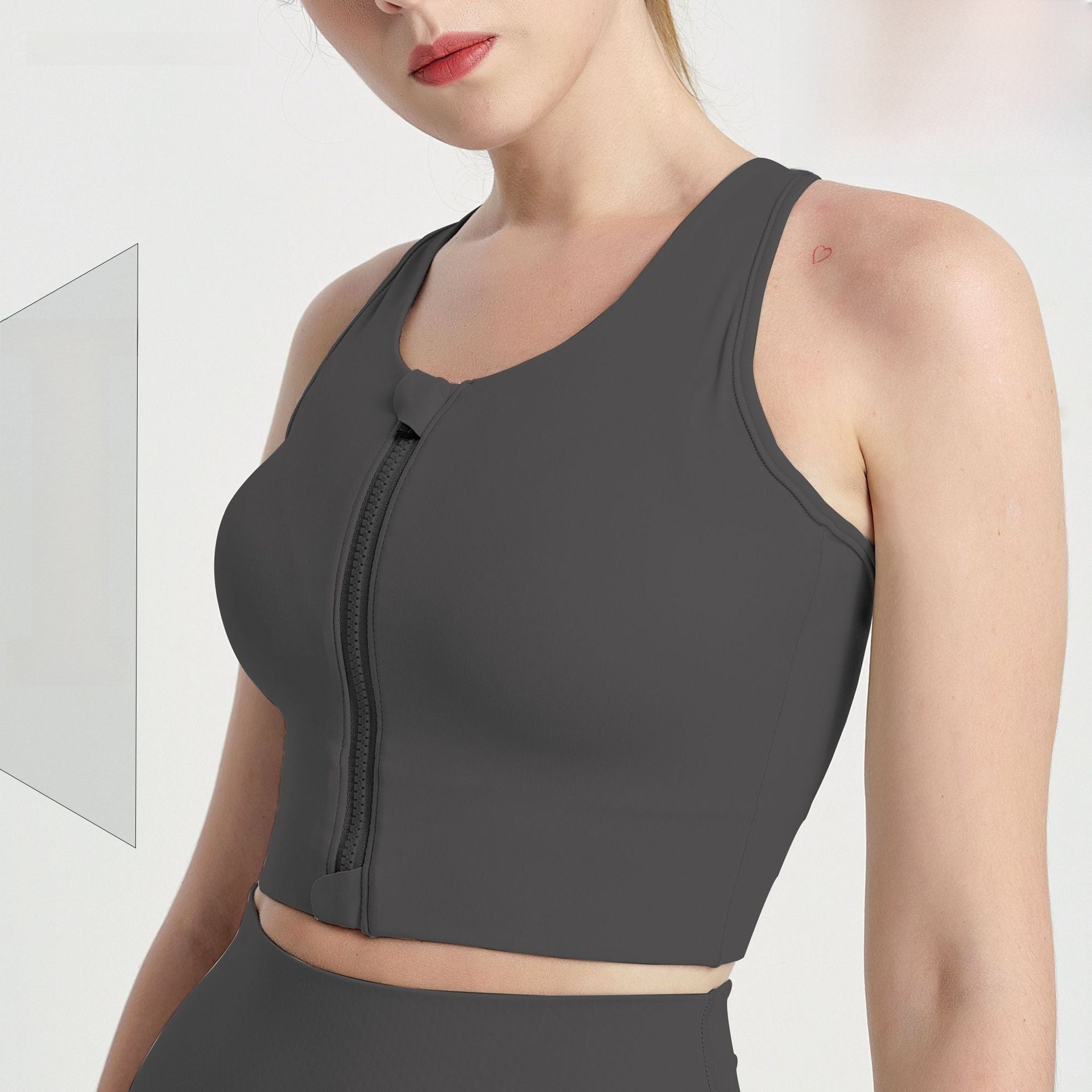 Women's Khaki Front Zip Racerback Sports Bra with Padded Cups and High Support Cropped Fit for Gym and Yoga