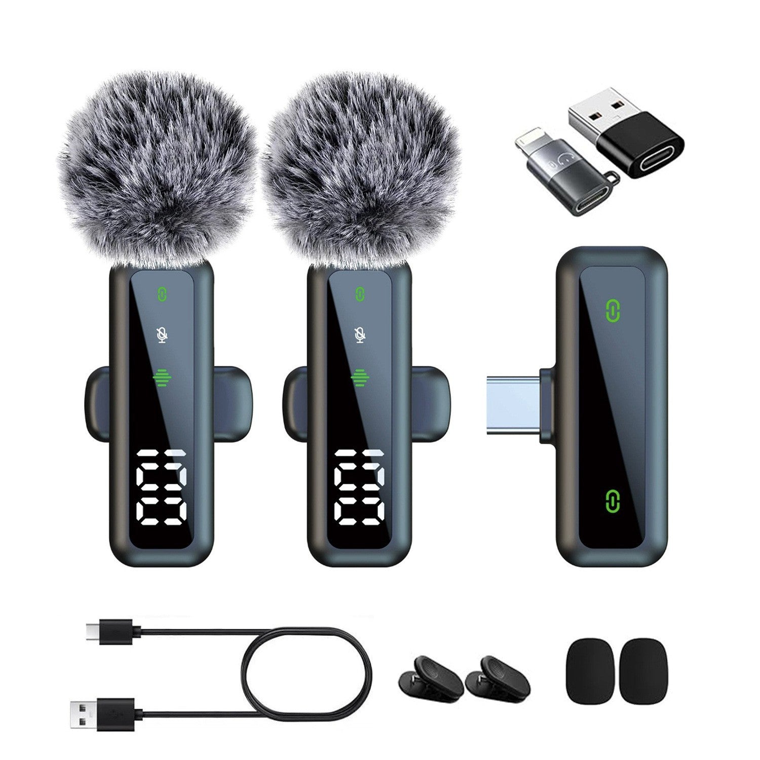 Dual Wireless Lavalier Microphone Kit | LED Display | 2 Clip-On Mics & 3-in-1 Receiver for iPhone Lightning, USB-C & 3.5mm | Fur Windscreen Vlog & Interview Set