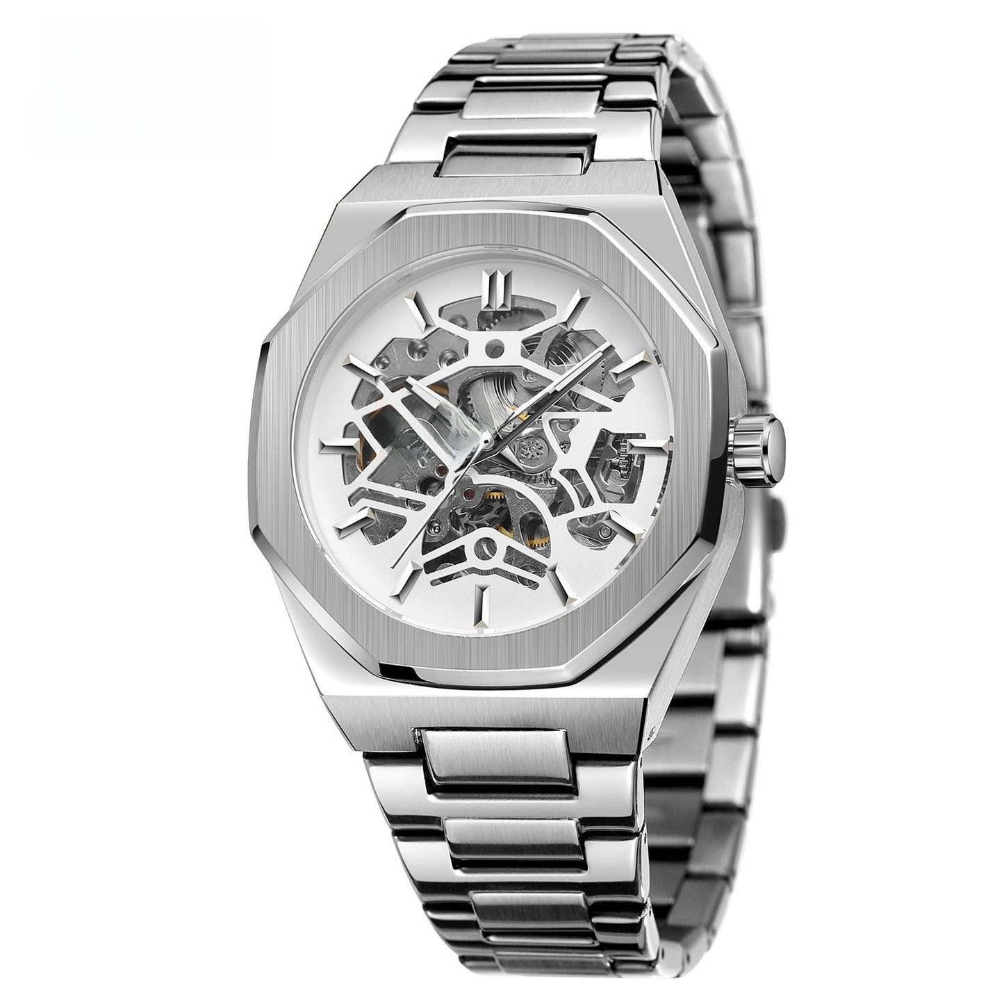 Men's Black Skeleton Automatic Watch | Gold Movement Octagonal Steel Bracelet Mechanical Watch