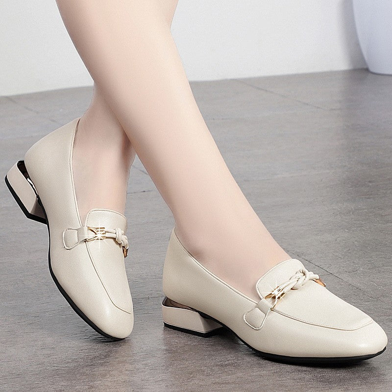 Tan Nude Leather Chain Bit Low Heel Loafers for Women | Gold Chain Hardware Square Toe Slip-On Loafer Pumps | Elegant Gold Trim Block Heel Shoes | Luxury Everyday Loafer Heels