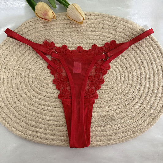Red 3D Floral Applique Mesh Thong Panties for Women - Adjustable Strap Sheer G-String Lingerie with Flower Detail