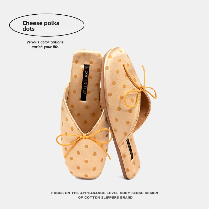 Satin Polka Dot Bow Slippers | Luxury Silk-Feel Indoor Mule Slides | Women's Elegant Home Shoes ? COCONUTUP