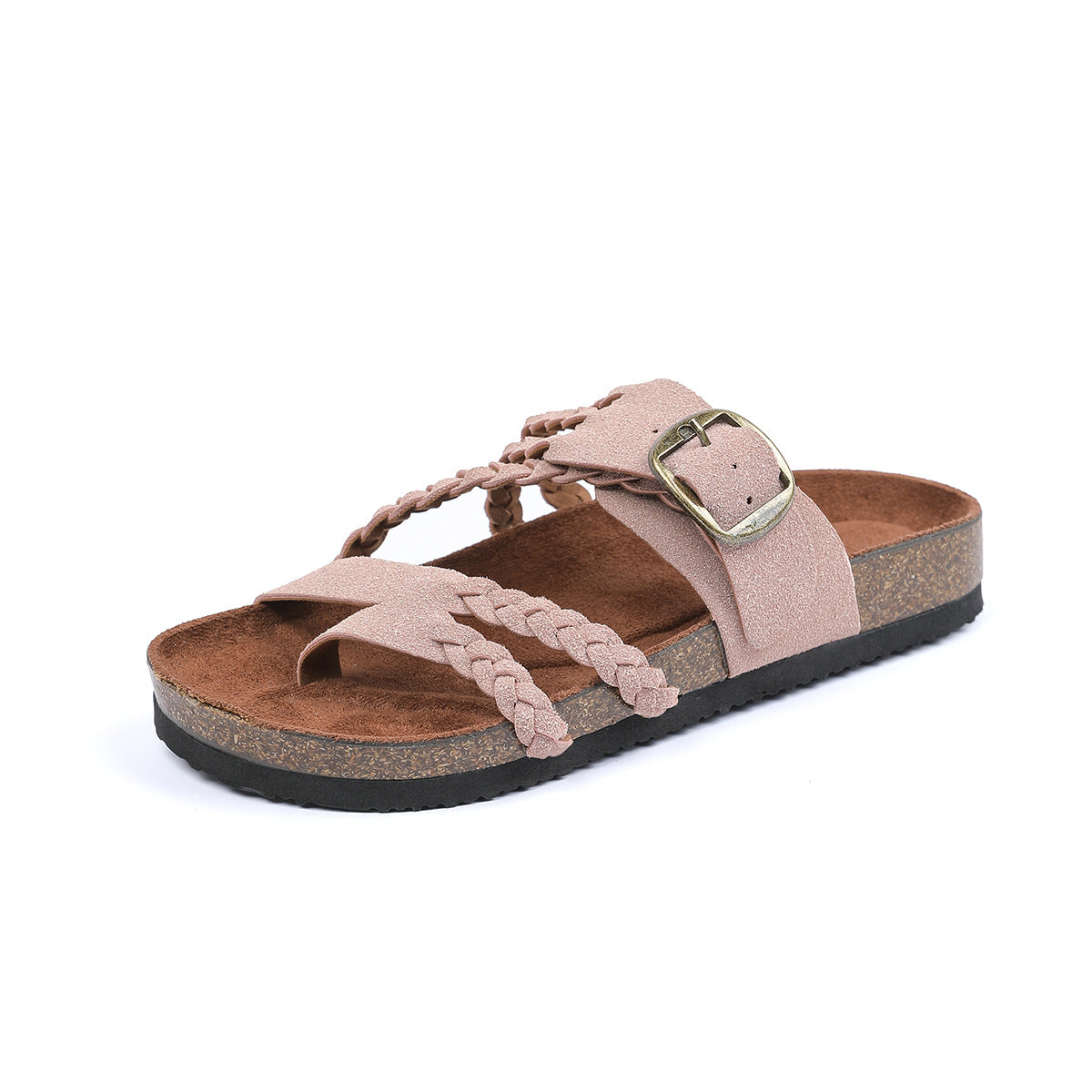 Cream Braided Strap Cork Footbed Sandals Gold Buckle Toe Post Flat Suede Sandal | Women Boho Summer Beach Casual Comfortable Everyday Fashion Sandals