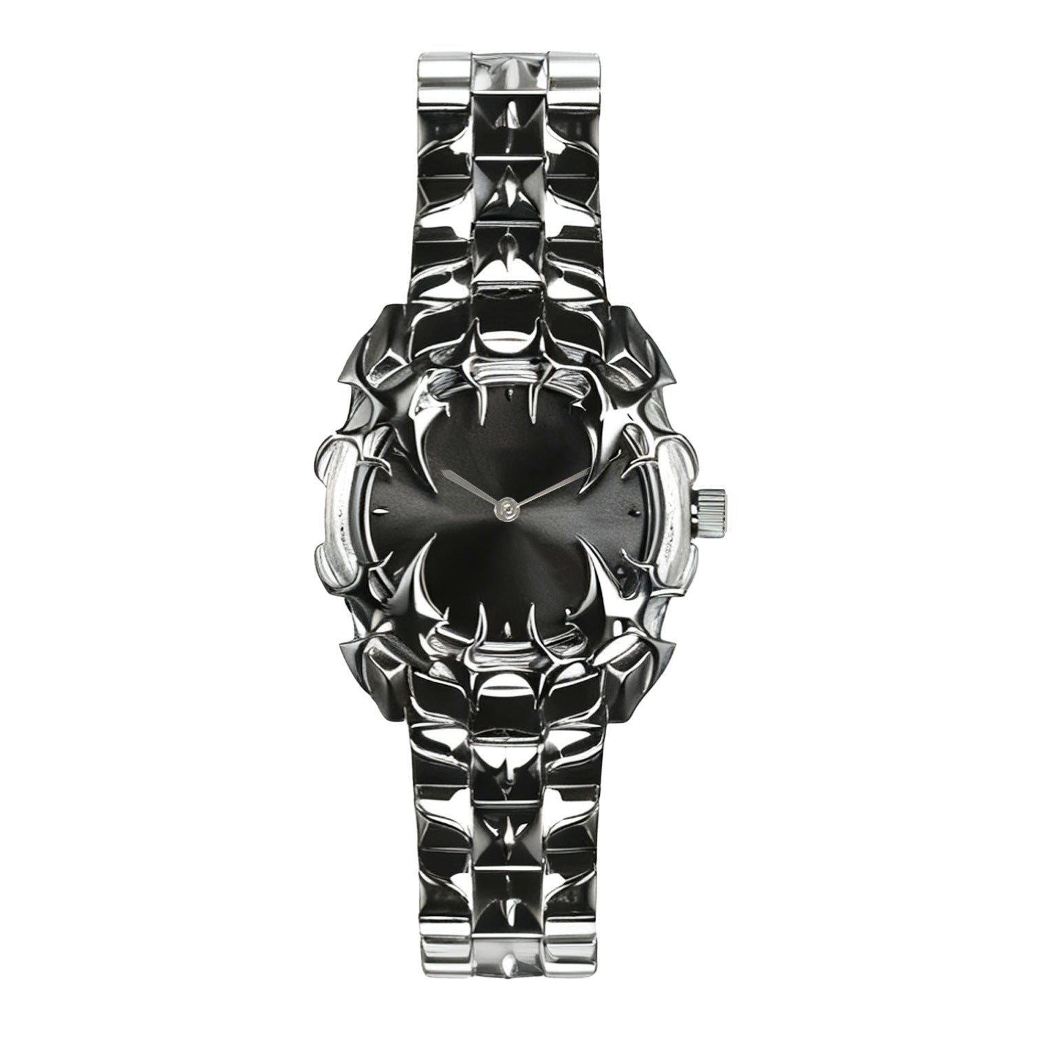 Gothic Black Thorn Spike Watch for Men | Red Dial Dark Luxury Stainless Steel Quartz Timepiece