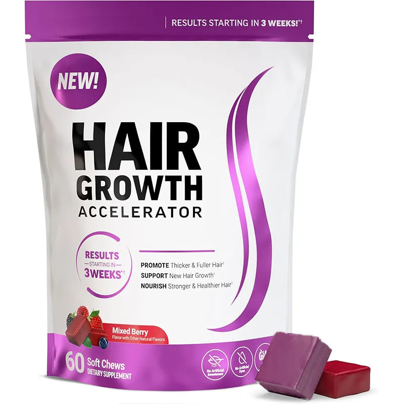 Hair Growth Accelerator Soft Chews Set of 2 | 120 Mixed Berry Chews | Thicker Fuller Hair Dietary Supplement | Results in 3 Weeks