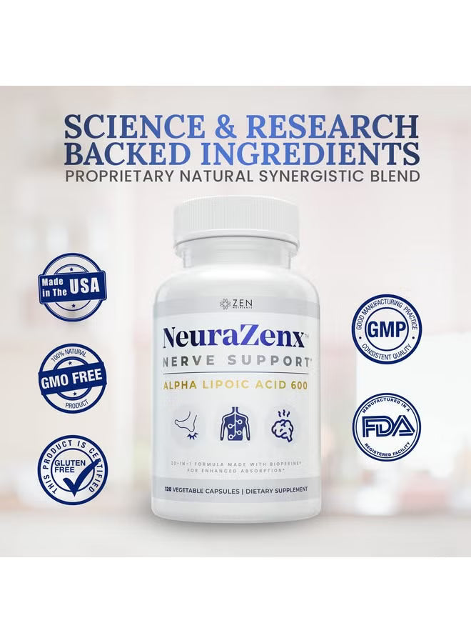 NeuraZenx Nerve Support – Alpha Lipoic Acid 600 | 20-in-1 Formula with BioPerine® | 120 Vegetable Capsules by Zen Nutrients