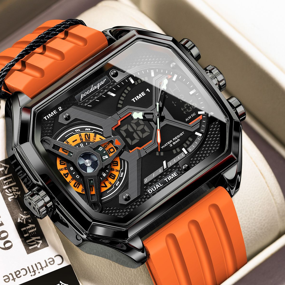 Poedagar Men's Dual Time Digital Analog Watch | Square Blue Rubber Strap | Military Sport Chronograph Waterproof