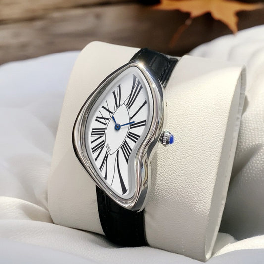 Surrealist Melting Case Watch | Roman Numeral Dial | Blue Hands | Black Leather Strap | Paris