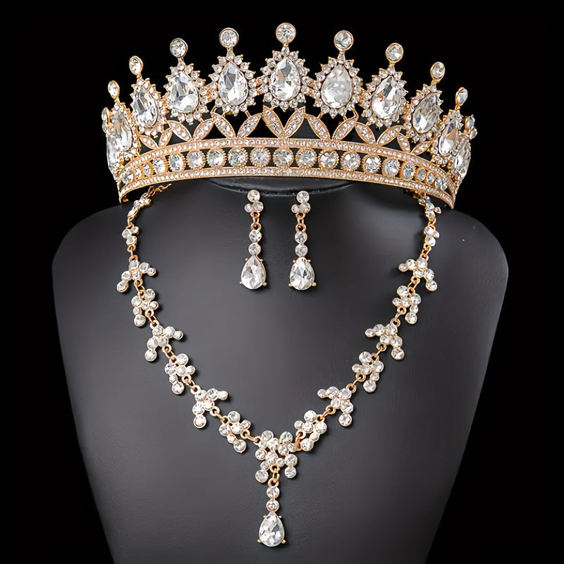 Bridal Crown Jewelry Set | Crystal Tiara Necklace & Earrings | Wedding Queen Accessories