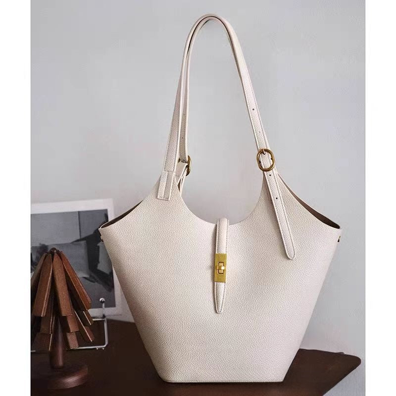 Luxury Leather Bucket Tote Bag with Gold Twist Lock | Women's Designer-Style Shoulder Bag in Beige & Brown Contrast Strap | Everyday Handbag for Work & Travel