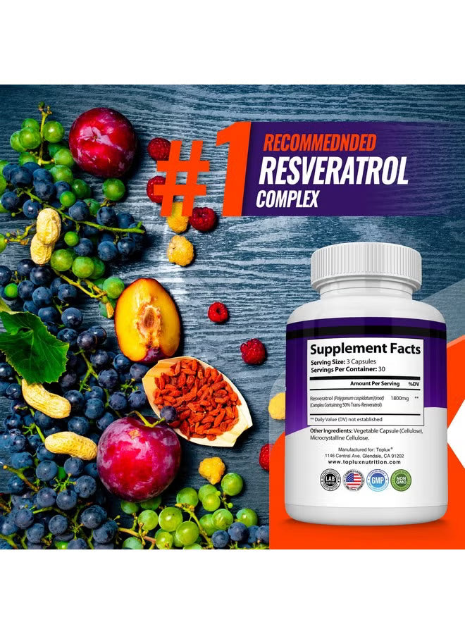 Toplux Nutrition Resveratrol Complex 1800mg Set of 2 | 2x90 Capsules Anti-Aging Antioxidant Immune Support Non-GMO